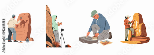 Set of archaeologists and researchers studying ancient petroglyphs, rock carvings, and artifacts in a desert environment, professional scientific exploration illustration.