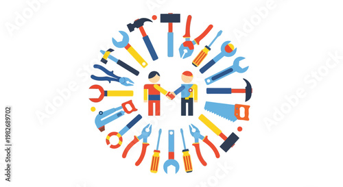 Handshake between two men inside a circle of tools, symbolizing partnership and collaboration in various industries