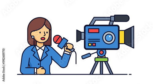 Journalist holding a microphone conducting an interview in front of a professional video camera on a tripod