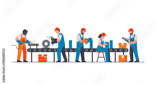 Diverse workforce collaborating on an industrial manufacturing production line, performing tasks like welding, assembly, and packaging, highlighting modern factory efficiency and teamwork