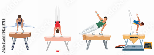 Flat vector illustrations of male gymnasts performing various athletic routines and poses on a pommel horse, isolated on a white background.