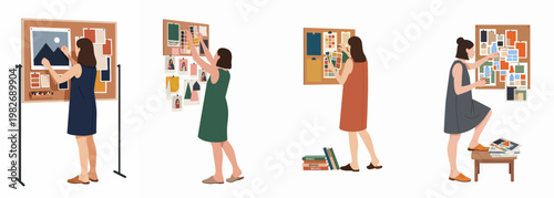 Four illustrations of women designers working on mood boards, pinning color palettes, photos, and inspiration onto cork boards for creative projects.