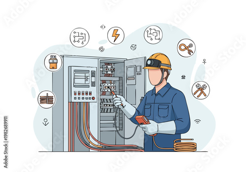 Electrician working on electrical panel, industrial maintenance, technology concept.