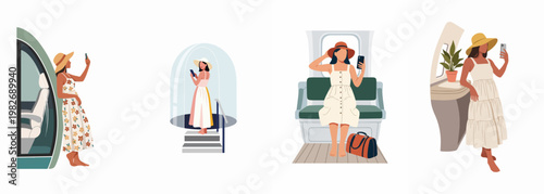 Set of illustrations featuring a stylish woman in a hat traveling and taking selfies in luxury environments, private cabins, and modern transportation.
