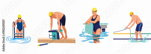 Illustrations of active senior people engaged in various swimming pool activities, including diving, using a kickboard, and climbing a pool ladder.