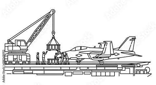 Aircraft carrier deck loading with crane and fighter jet, military operation