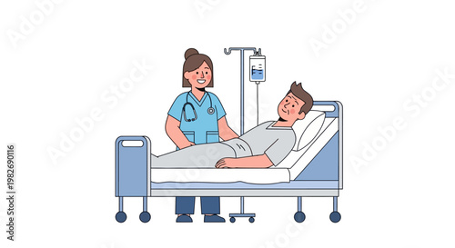 Healthcare professional attending to a patient resting in a hospital bed with an intravenous drip