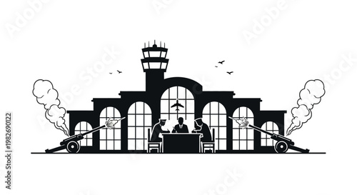 Airport Control Tower with Cannons and Business Meeting Silhouette