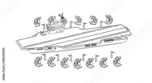 Aircraft Carrier with Missile Launchers and Aircraft - Line Art Illustration