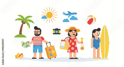Flat vector illustration of a happy family and friends enjoying a summer beach vacation, surrounded by essential travel and holiday accessories for a memorable getaway