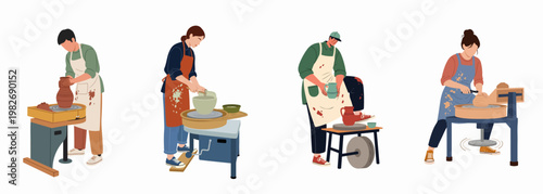 Set of diverse potters working on pottery wheels, crafting ceramic vessels, flat vector illustration isolated on white.