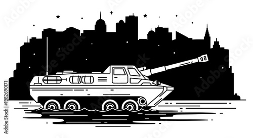 Amphibious Tank Silhouette Cityscape Background