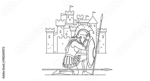 Ancient Greek Warrior Kneeling with Shield and Spear Before Castle