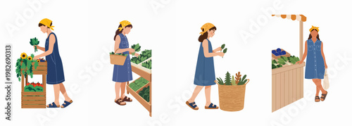 Set of illustrations showing a young woman shopping for fresh organic vegetables and greens at a local farmers' market.