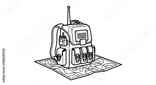 Backpack with radio and map for hiking, adventure, survival, and exploration