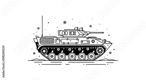 Black and White Line Art Illustration of a Military Tank in a Snowy Landscape
