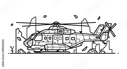 Black and White Line Art Illustration of a Helicopter in a Ruined Environment