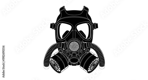 Black Gas Mask with Dual Filters and Hoses on White Background
