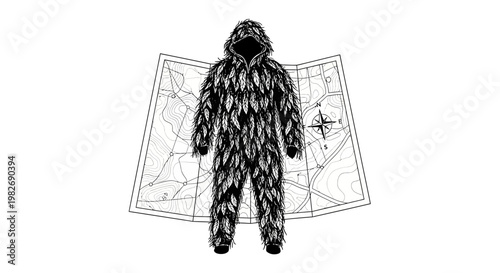 Camouflage Ghillie Suit and Map: Survival, Exploration, and Wilderness Adventure