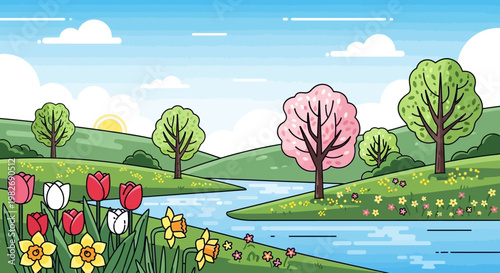 Vibrant spring landscape illustration with blooming flowers, a winding river, and rolling green hills under a bright sunrise. A fresh and serene natural scene perfect for new beginnings