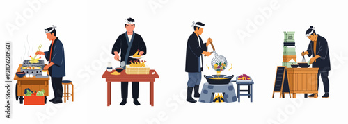 A collection of flat vector illustrations depicting a Japanese street food chef cooking and serving shrimp tempura at various stalls.