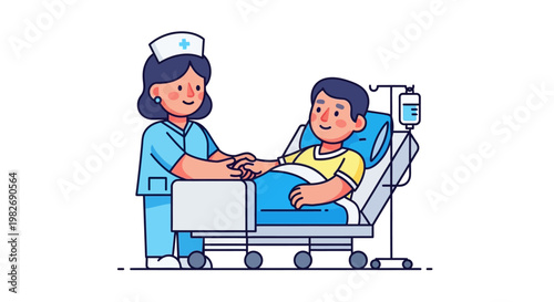 Caring nurse comforting a young patient in a hospital bed with an IV drip, illustrating healthcare and medical support