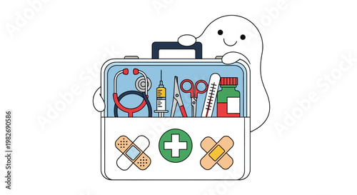 A cute cartoon ghost holding a first aid kit with medical supplies and bandages, representing healthcare and emergency preparedness