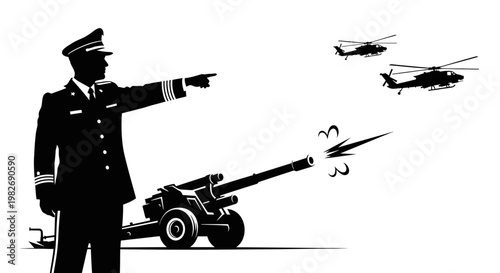 Military commander directing artillery fire at helicopters, symbolizing strategy and conflict.