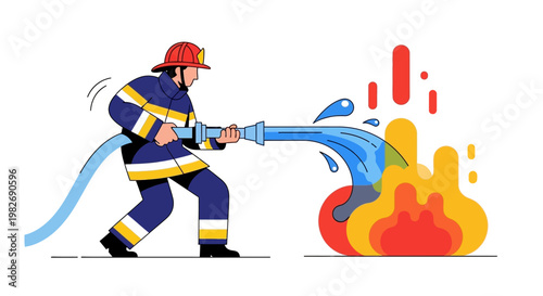 Illustrative scene of a courageous firefighter dousing a dangerous fire with a high-pressure hose, representing critical emergency services and safety protocols