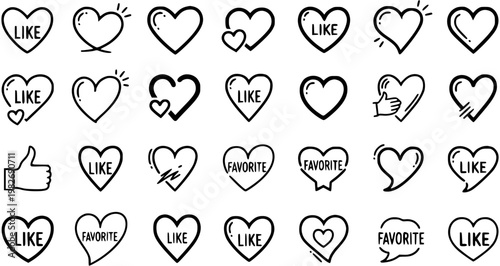 Hand-drawn Black  White Line Art Heart Icons Set for Social Media Like  Favorite Buttons. Outline Doodle Symbols for Digital Communication  App Feedback.