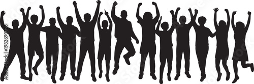 Crowd cheering people celebrating victory raising arms black silhouette vector graphic