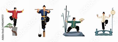 Set of martial artists practicing Kung Fu and Tai Chi in traditional Chinese clothing with various weapons and settings, vector illustration.