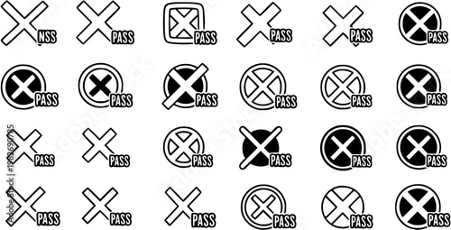 Evaluation and Assessment Status Icons Set. Black  White Glyph Cross Marks with Pass and NSS Indicators for Business, Education, and UI Design.