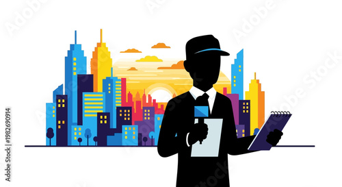 Journalist reporting live from a city skyline at sunset, holding a microphone and notepad, illustration