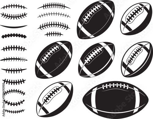 American football ball collection with various stitches and perspective angles vector illustration set