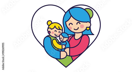 Illustration of a mother holding her child and baby within a heart shape, symbolizing love and family care