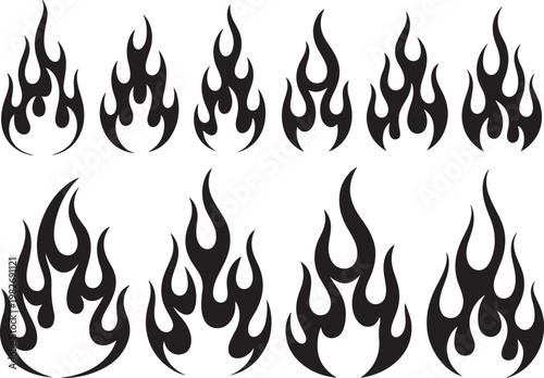 Collection of black tribal flame silhouettes with various hot fire shapes for automotive decal design