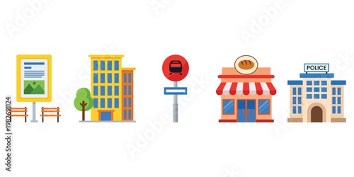 Cityscape Icons: A vibrant collection of urban icons, depicting a range of essential community establishments. This artistic representation perfectly embodies the spirit of city life