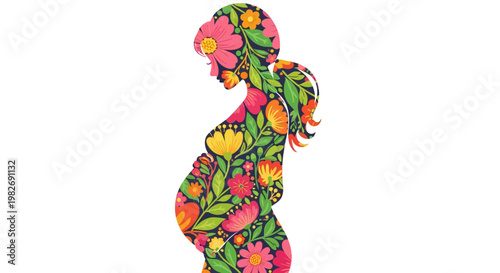 A vibrant silhouette of a pregnant woman formed by a colorful array of blooming flowers and leaves