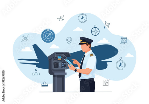 Pilot Using Tablet in Cockpit. Airplane Navigation. Aviation Technology.