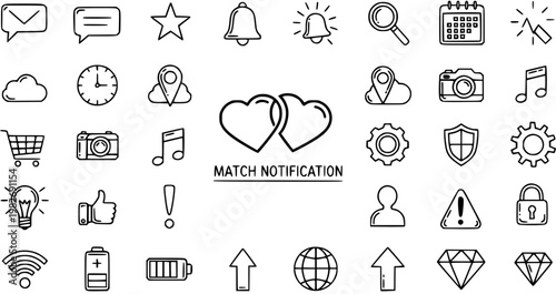 Black  White Hand-Drawn Line Art Icon Set for Digital Communication, Web Design, and User Interface, featuring Notification, Social Media, and E-commerce Symbols