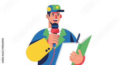 News reporter with microphone and notepad in hand, delivering the latest updates with enthusiasm