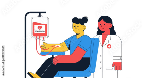 Illustration of a person donating blood while a nurse stands beside them, representing medical assistance and the act of giving life
