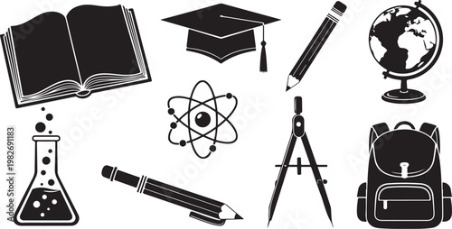 Education icons and school supplies in black