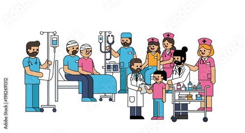 Illustration depicting healthcare professionals attending to patients in a hospital setting, showcasing medical care and support