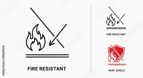 Fire Resistant and Heat Protection Icon Set, Flame Deflection Symbol for Safety and Thermal Insulation, Vector Illustration