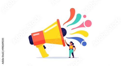 Dynamic Business Communication Megaphone with Colorful Sound Waves for Marketing Announcements and Public Relations Campaigns