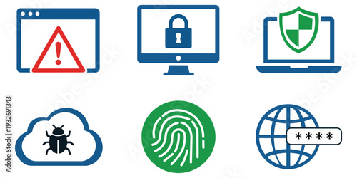 Cybersecurity Icon Set: A collection of meticulously designed icons representing crucial aspects of cybersecurity. Each icon encapsulates a unique element of online protection.