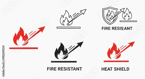 Fire Resistant and Heat Protection Icon Set, Flame Deflection Symbol for Safety and Thermal Insulation, Vector Illustration