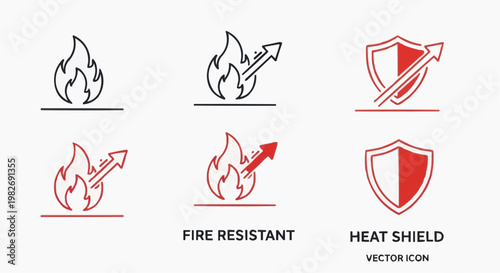 Fire Resistant and Heat Protection Icon Set, Flame Deflection Symbol for Safety and Thermal Insulation, Vector Illustration